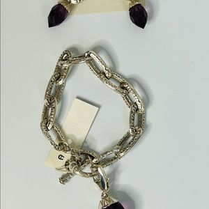 Etienne Aigner Purple Faceted Gemstones Silver Tone Bracelet Dangle Earrings